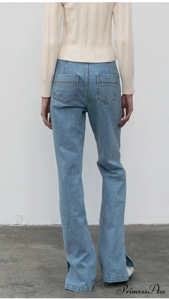 High Quality Women Spring and Autumn All-match Side Slit Straight High Waist Bootcut Jean - Image 3
