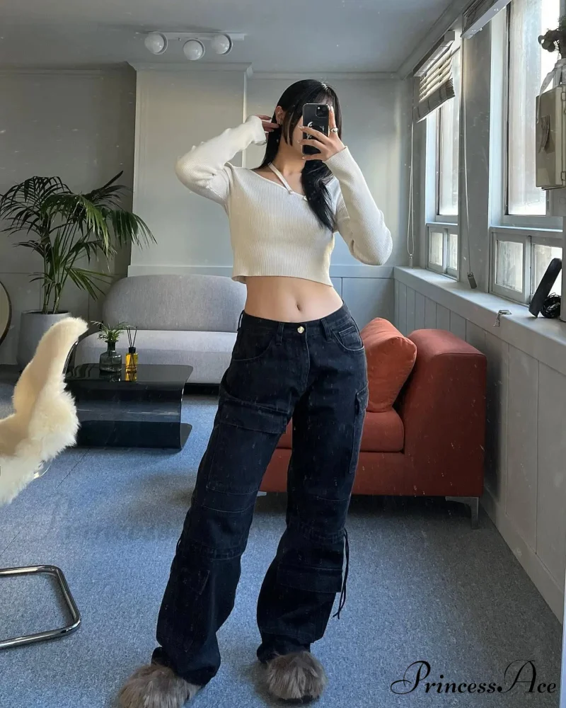 2024 Autumn New Fashionable Women's Cargo European and American Style Retro Y2K Pocket Loose Overalls Jean - Image 3