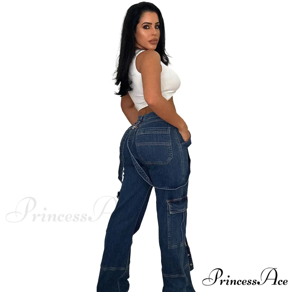 Multi Pockets Loose Straps Fashion High Waist Casual Cargo Autumn Winter Streetwear Denim Jean - Image 2