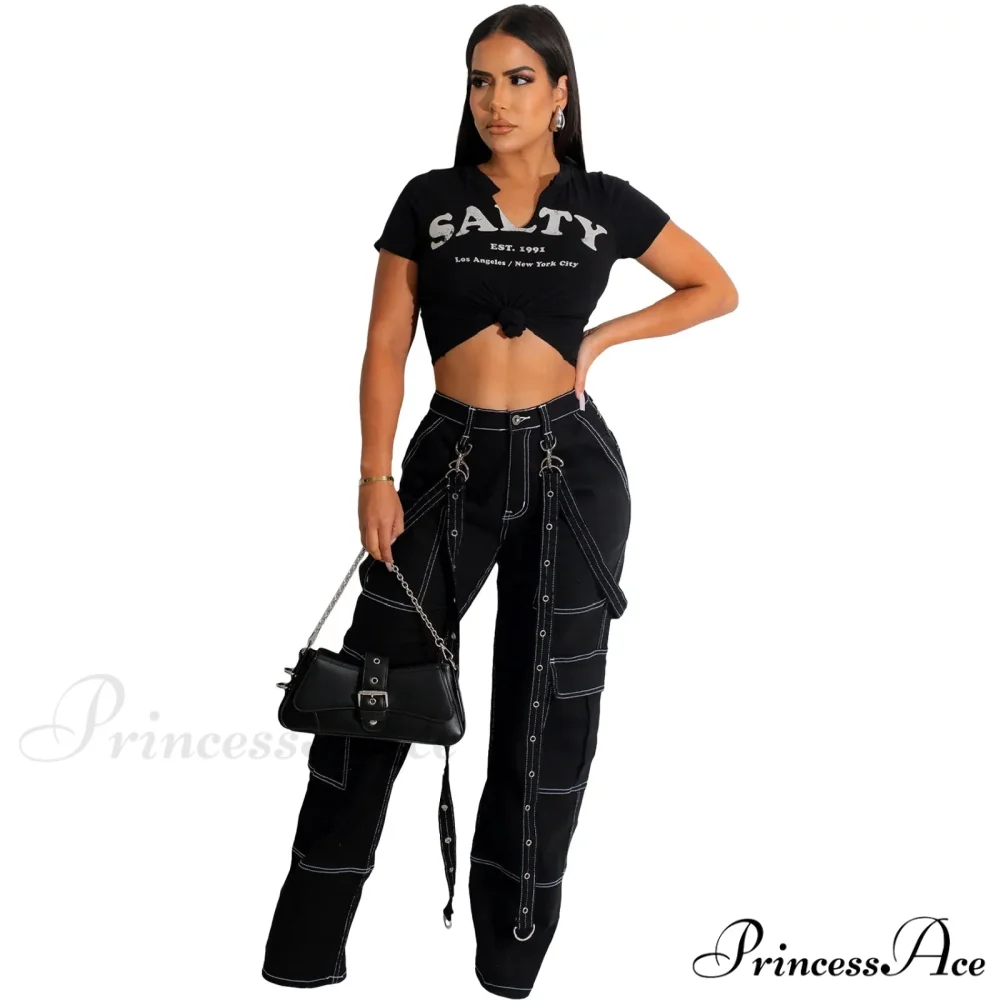 Multi Pockets Loose Straps Fashion High Waist Casual Cargo Autumn Winter Streetwear Denim Jean - Image 3