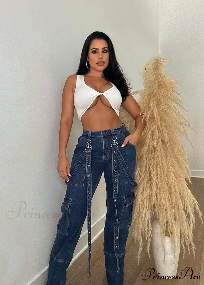 Multi Pockets Loose Straps Fashion High Waist Casual Cargo Autumn Winter Streetwear Denim Jean - Image 4