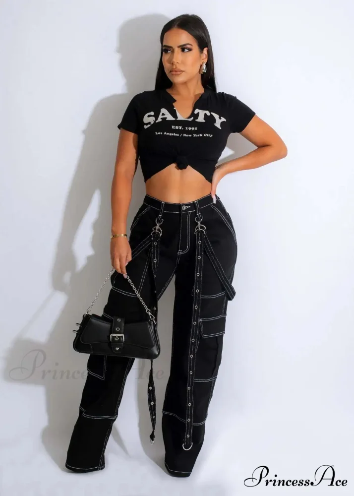 Multi Pockets Loose Straps Fashion High Waist Casual Cargo Autumn Winter Streetwear Denim Jean - Image 5
