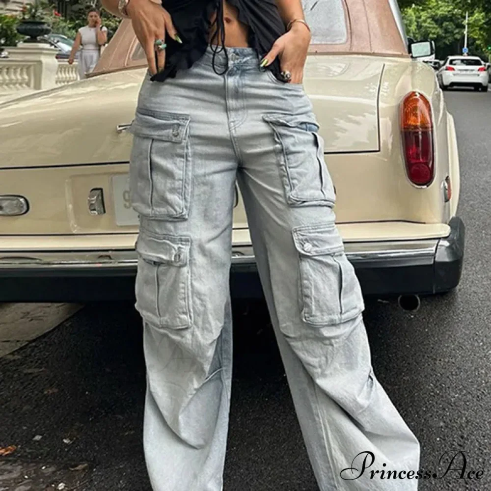 Straight Casual Multi-pocket Paneled Cargo Fashion Washed Wide Leg High-waisted High Street Y2K Jean - Image 2