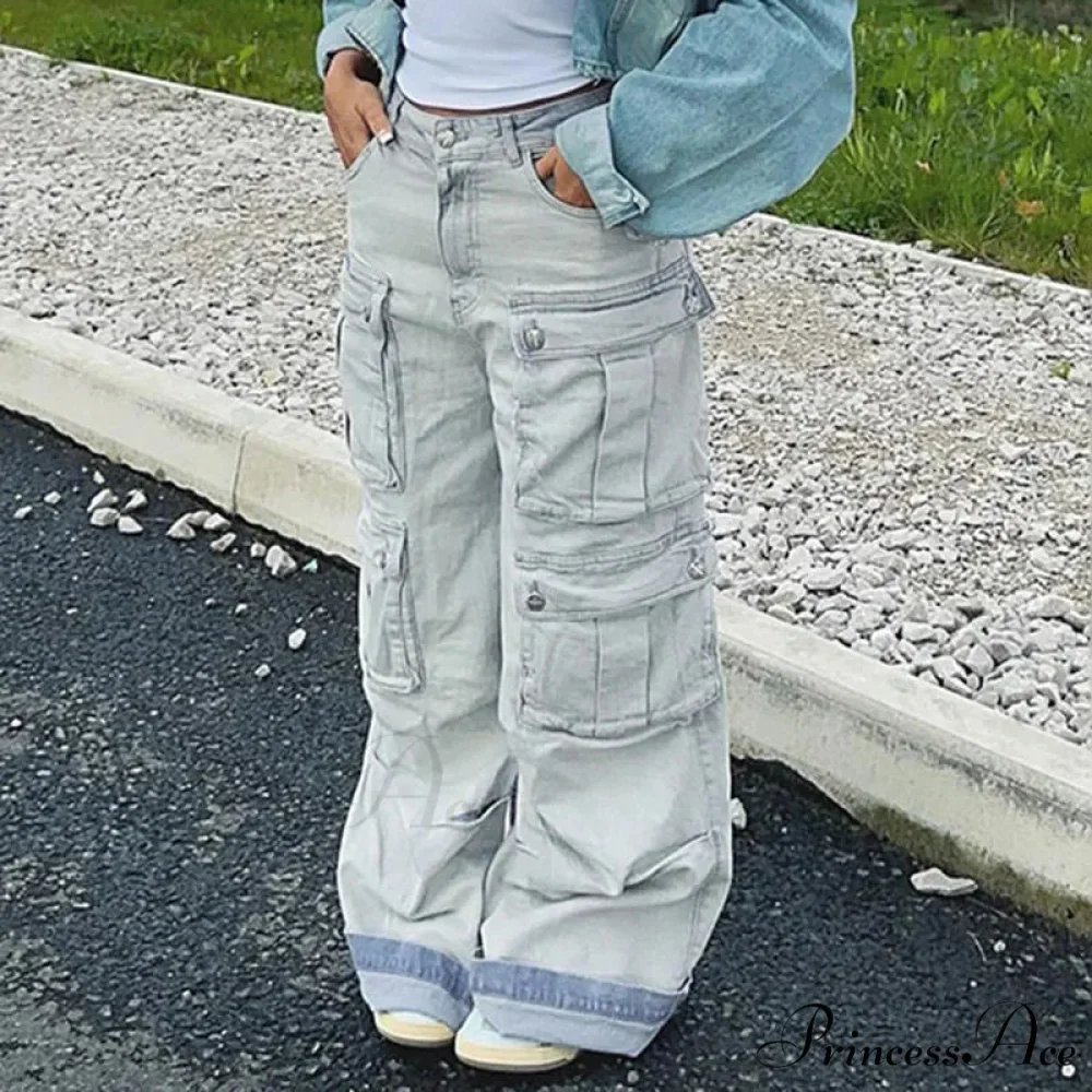 Straight Casual Multi-pocket Paneled Cargo Fashion Washed Wide Leg High-waisted High Street Y2K Jean - Image 3