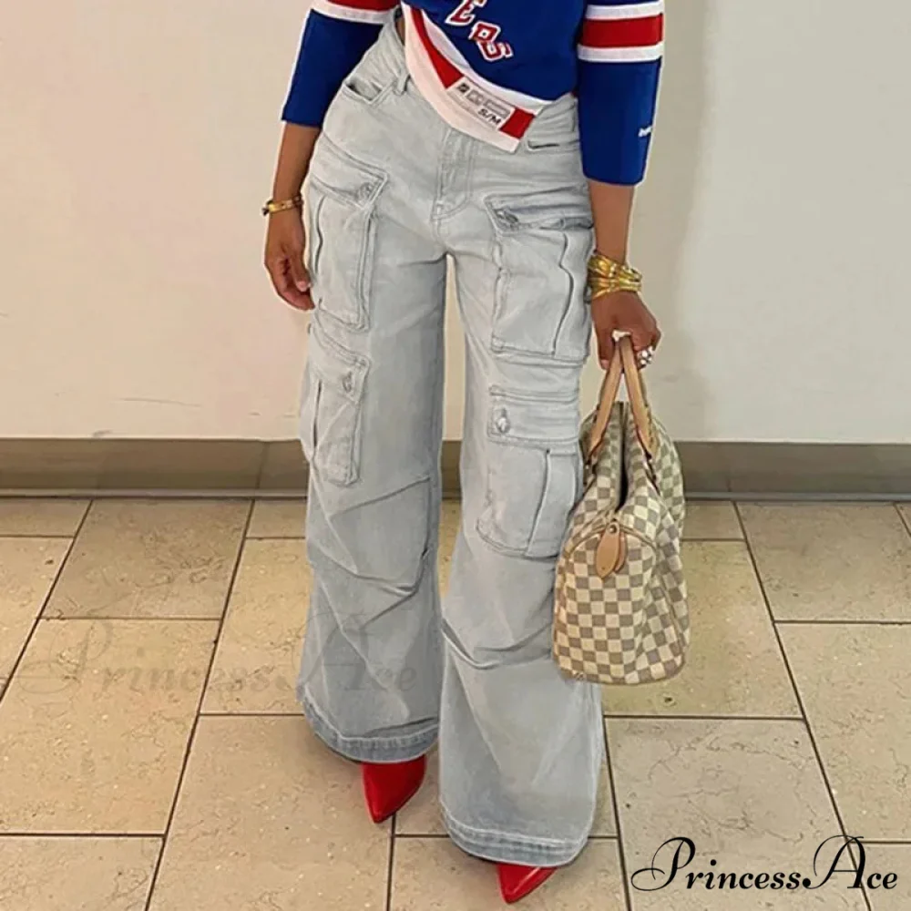 Straight Casual Multi-pocket Paneled Cargo Fashion Washed Wide Leg High-waisted High Street Y2K Jean - Image 4