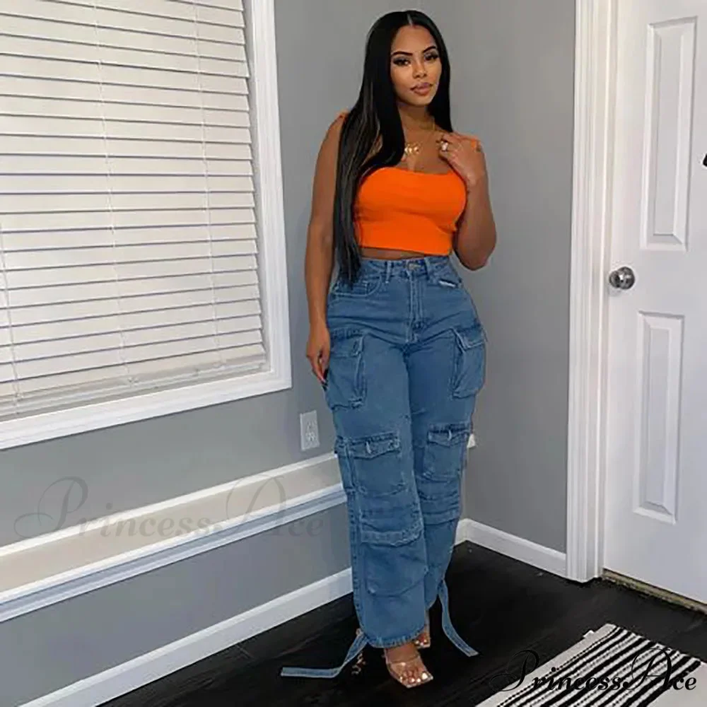 2024 Straight Denim Streetwear Fashion Pocket Front Lace Hem Cargo Wide Leg Jean - Image 2