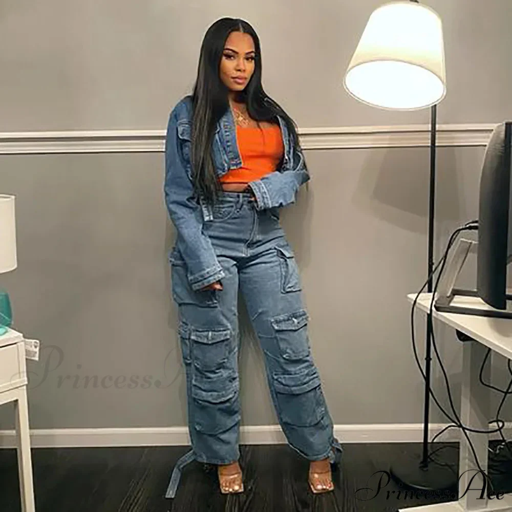 2024 Straight Denim Streetwear Fashion Pocket Front Lace Hem Cargo Wide Leg Jean - Image 4