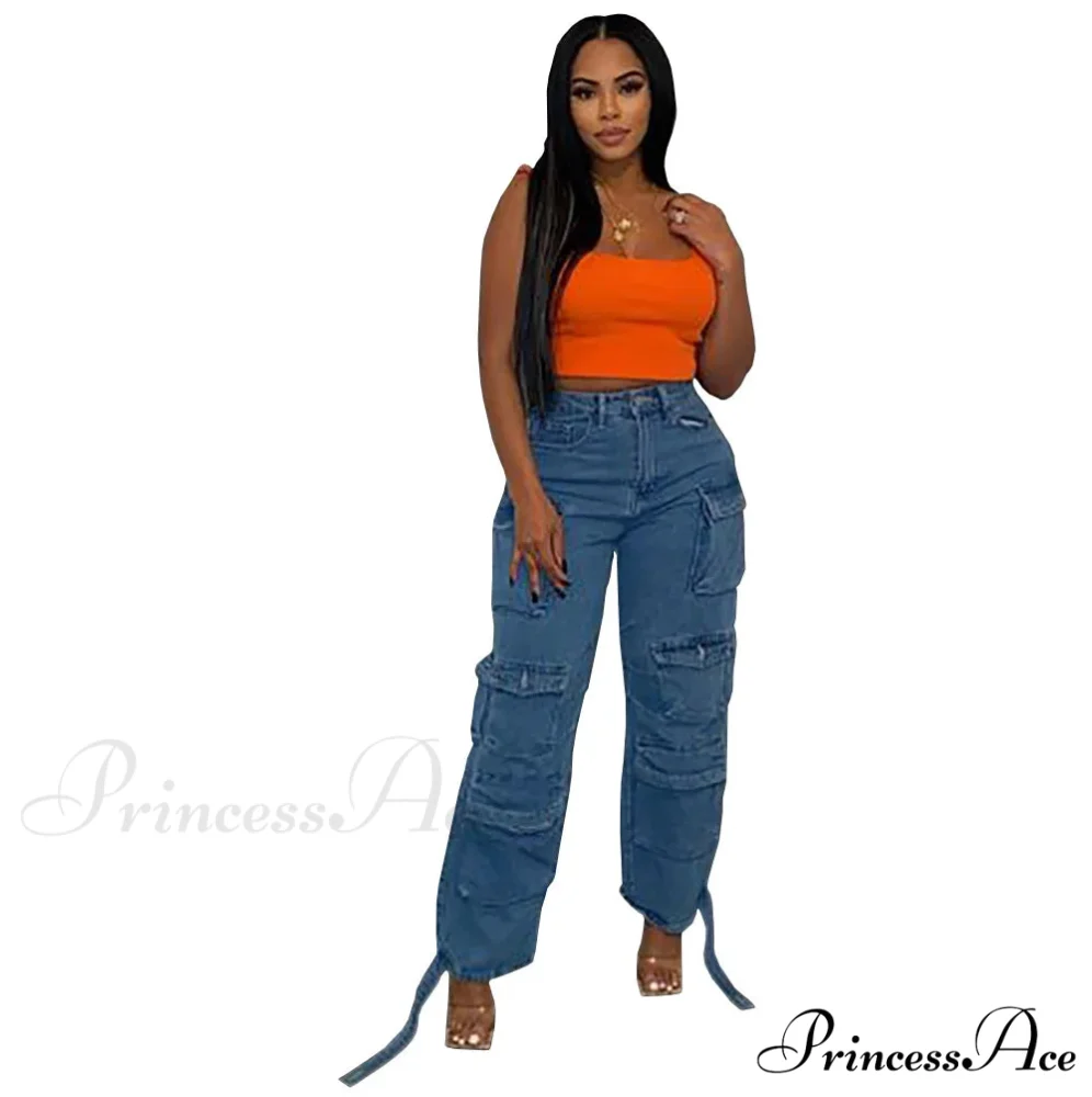 2024 Straight Denim Streetwear Fashion Pocket Front Lace Hem Cargo Wide Leg Jean - Image 5
