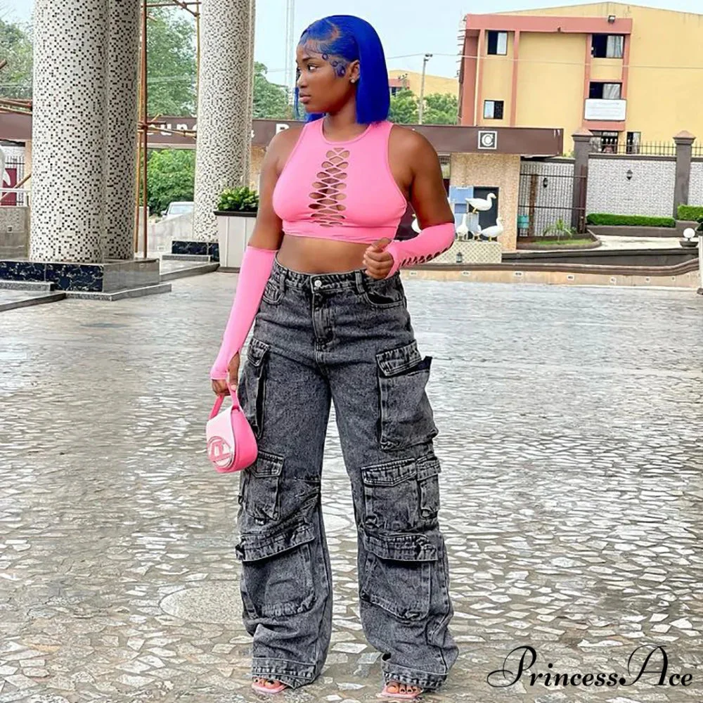 2024 Straight Denim Streetwear Fashion Pocket Front Lace Hem Cargo Wide Leg Jean - Image 6
