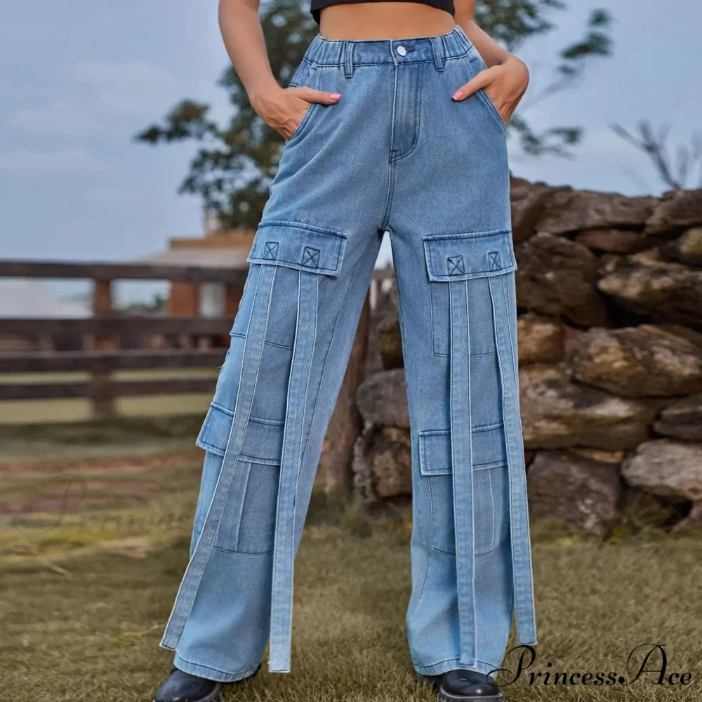 90s Streetwear Blue Cargo Casual Big Pockets Overalls High Waist Straight Denim Jean - Image 2