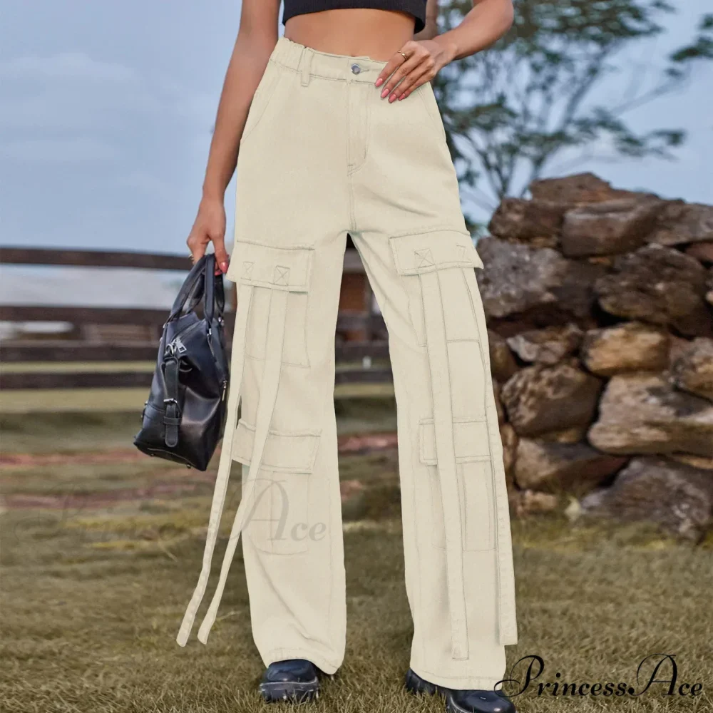 90s Streetwear Blue Cargo Casual Big Pockets Overalls High Waist Straight Denim Jean - Image 4