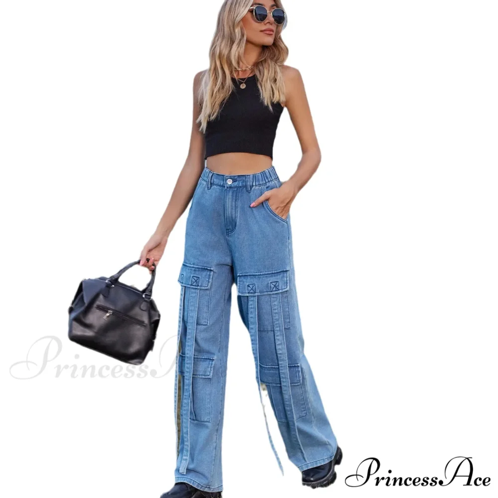 90s Streetwear Blue Cargo Casual Big Pockets Overalls High Waist Straight Denim Jean - Image 5