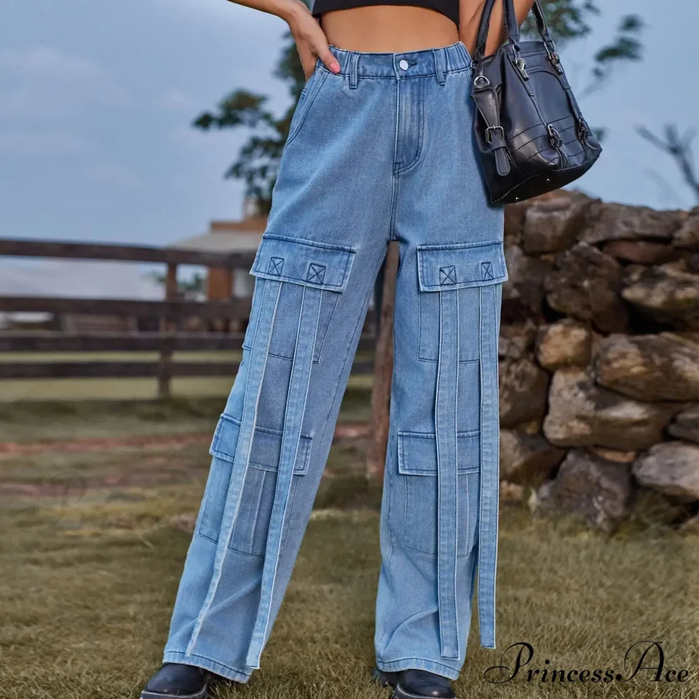 90s Streetwear Blue Cargo Casual Big Pockets Overalls High Waist Straight Denim Jean - Image 6