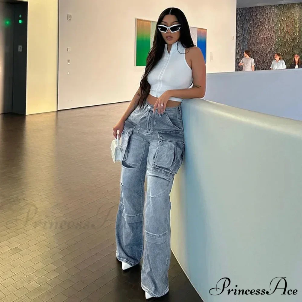 Loose Streetwear Summer Outfits 2024 Blue High Waist Casual Fashion Y2K Straight Cargo Denim Jean - Image 2