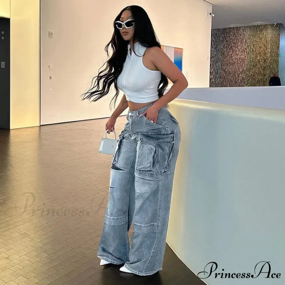 Loose Streetwear Summer Outfits 2024 Blue High Waist Casual Fashion Y2K Straight Cargo Denim Jean - Image 3