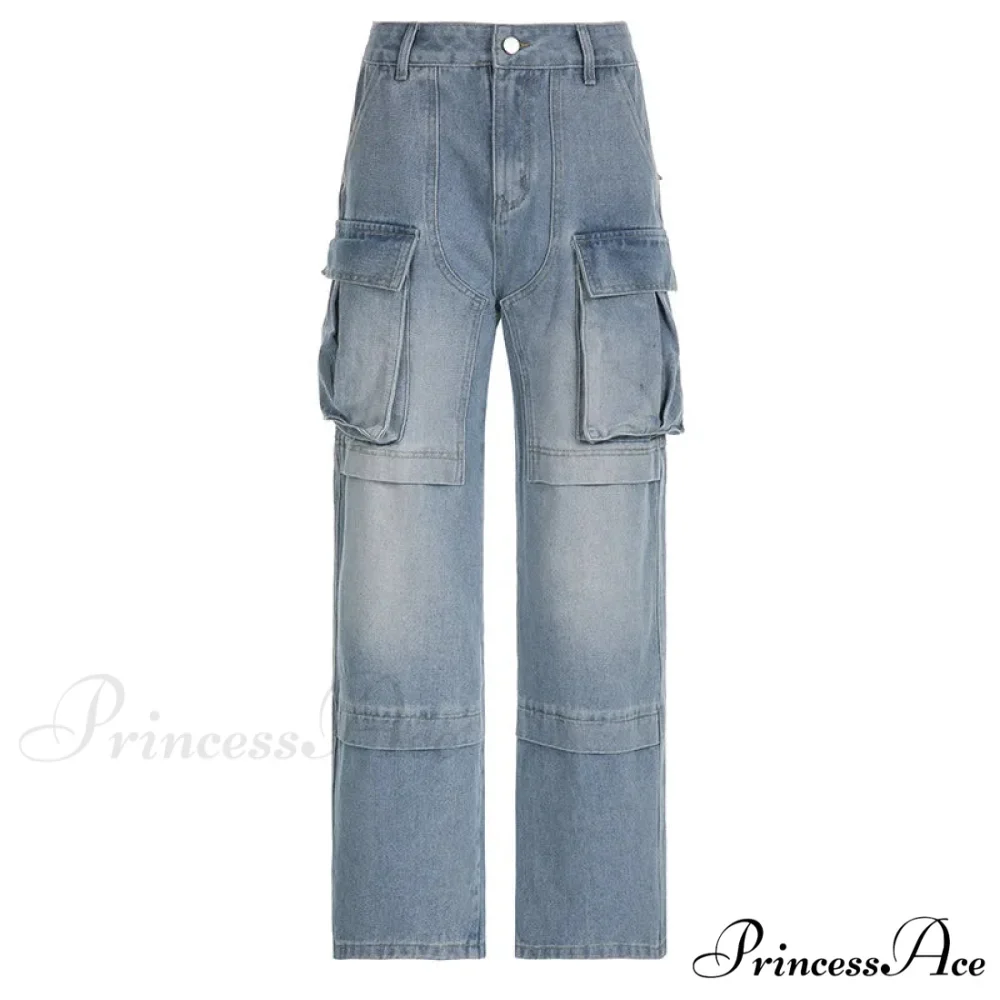 Loose Streetwear Summer Outfits 2024 Blue High Waist Casual Fashion Y2K Straight Cargo Denim Jean - Image 5