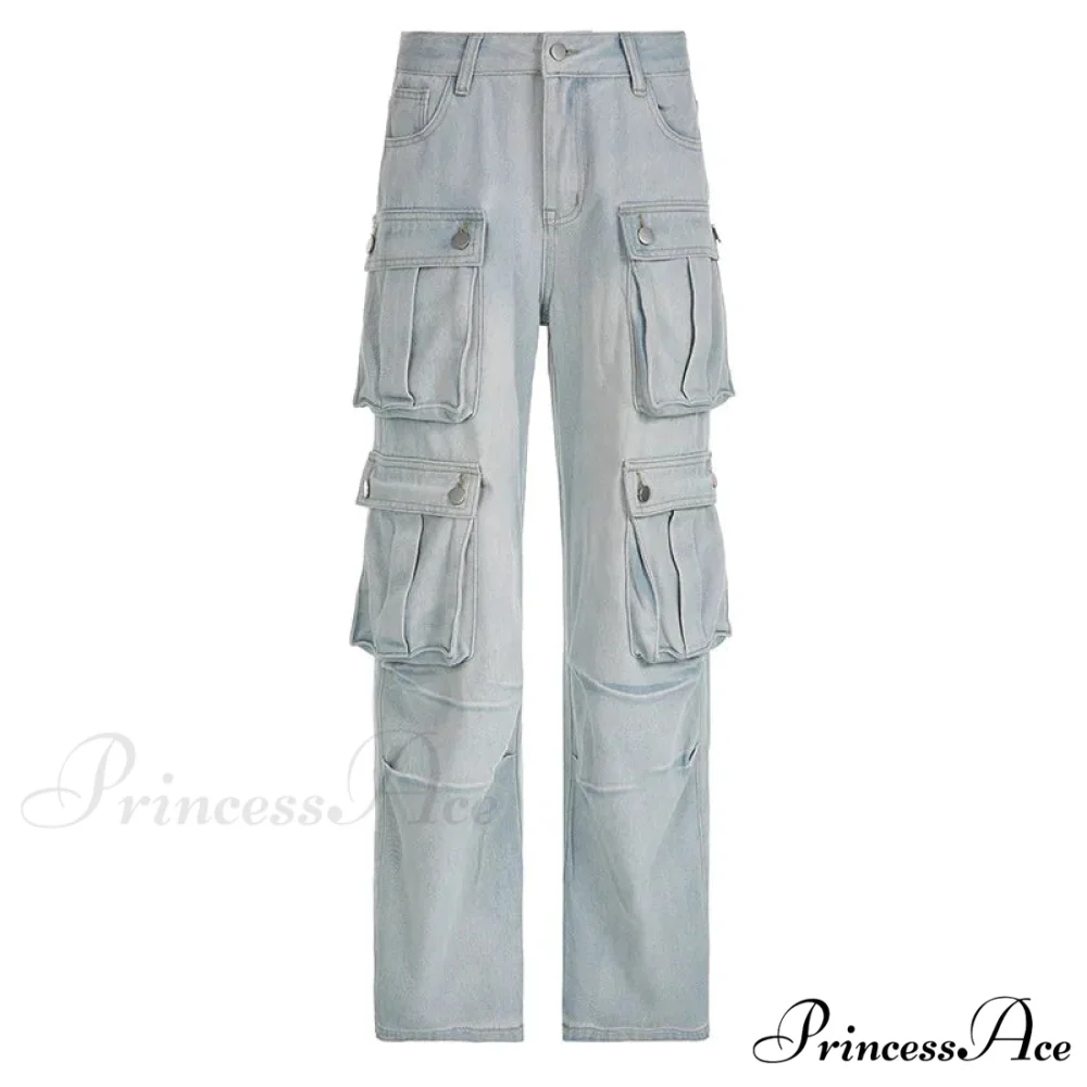 Loose Streetwear Summer Outfits 2024 Blue High Waist Casual Fashion Y2K Straight Cargo Denim Jean - Image 6