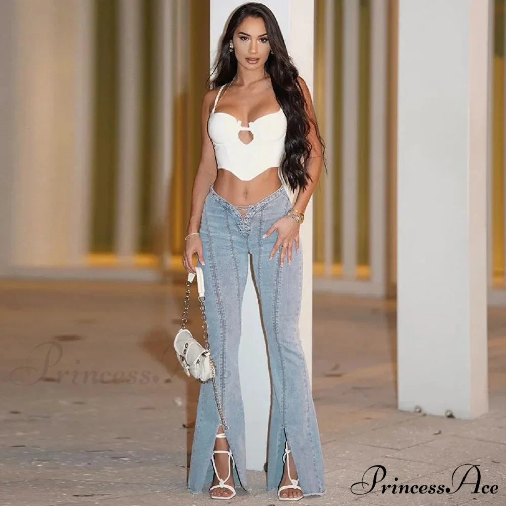 Bandage Skinny Flared High Waist Open Split Vintage Bottoms 2024 Autumn Fashion Y2K Streetwear Jean - Image 3