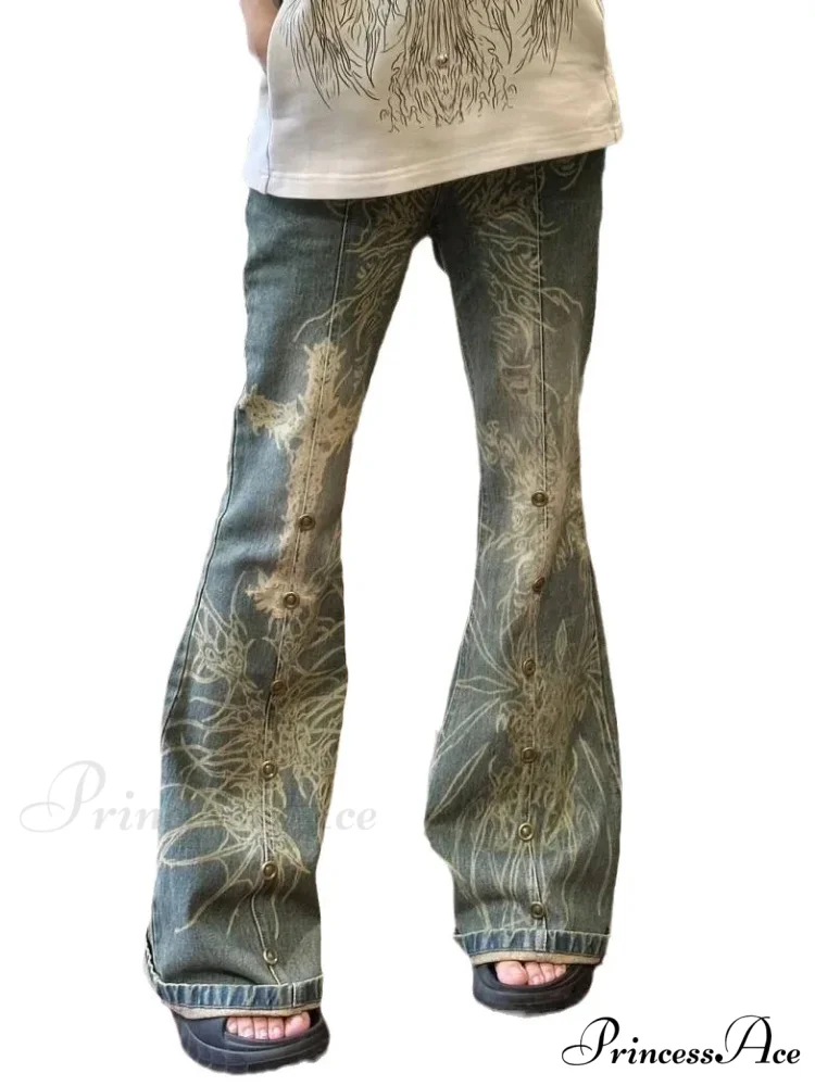Retro Wash Print Flare Female High Waist Draped Casual American Spice Beaded Old Slim Straight Jean - Image 5