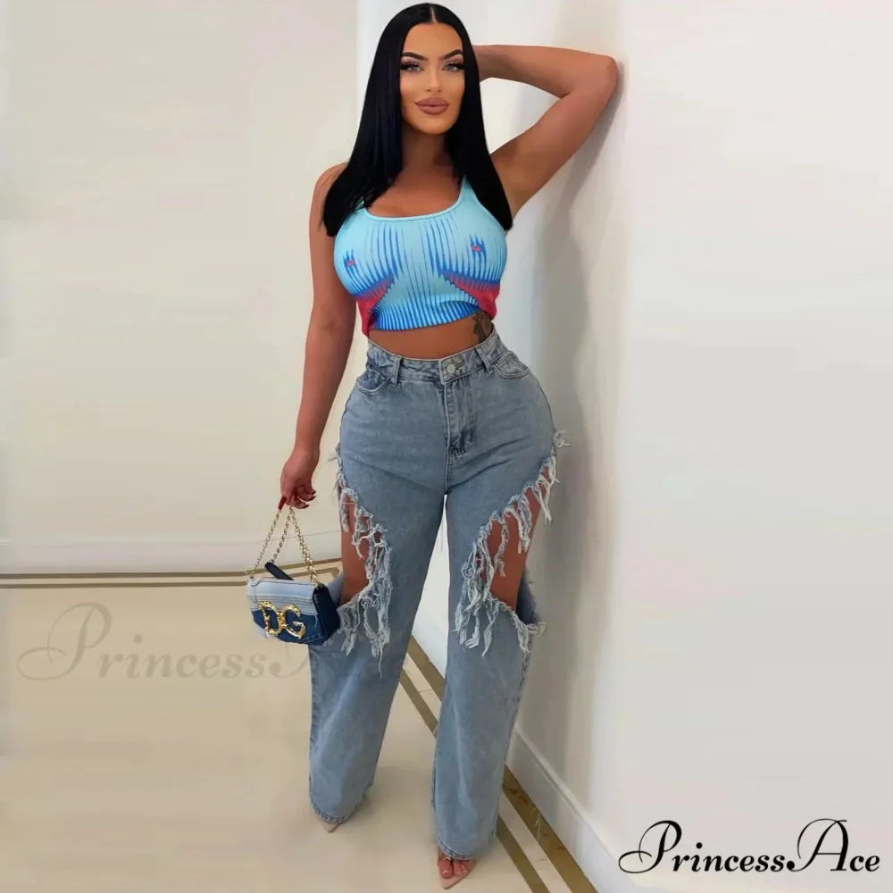 Sexy Tassels Ripped Baggy Summer 2024 Female Bottoms Streetwear High Waist Denim Jean - Image 2