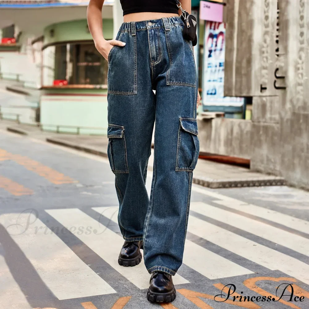 Vintage Streetwear High Waist Women American Fashion Blue Wide Leg Trouser Female Baggy Straight Denim Jean - Image 4