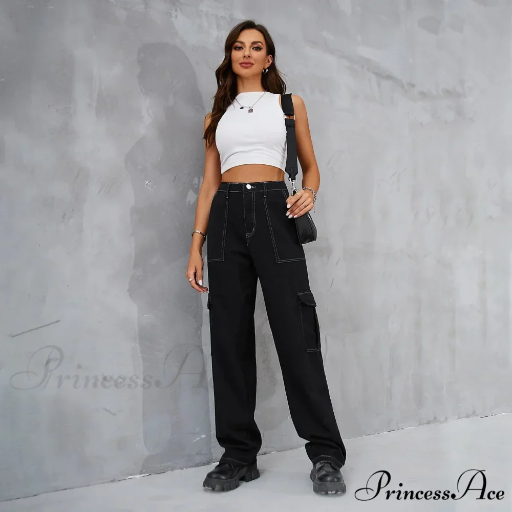 2024 Vintage Baggy Wide Leg Streetwear Straight Denim Pockets Cargo Jean - Image 2