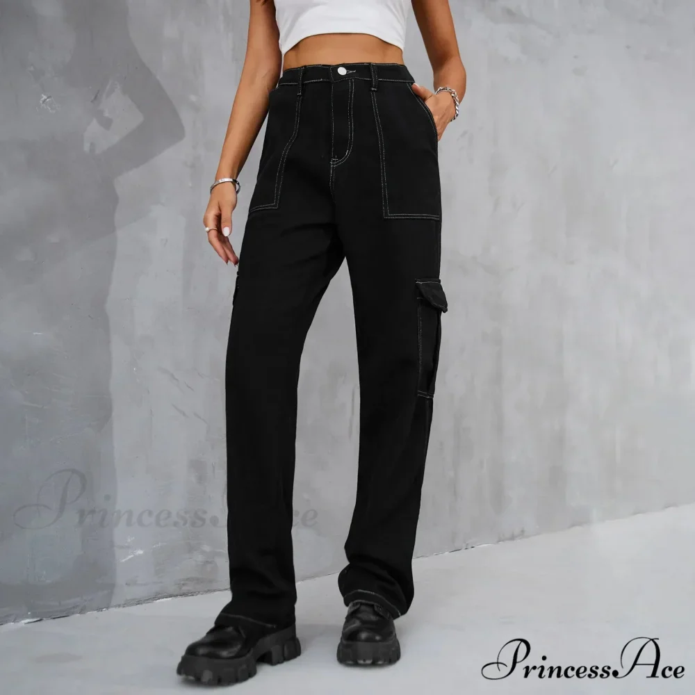 2024 Vintage Baggy Wide Leg Streetwear Straight Denim Pockets Cargo Jean - Image 4
