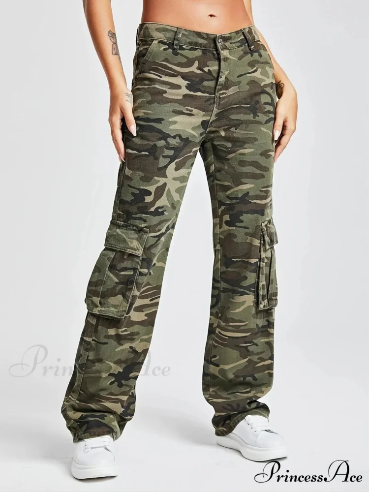 2024 Camouflage Women's Cargo High Wist Vintage Baggy Denim Straight Casual Fashion Jean - Image 2