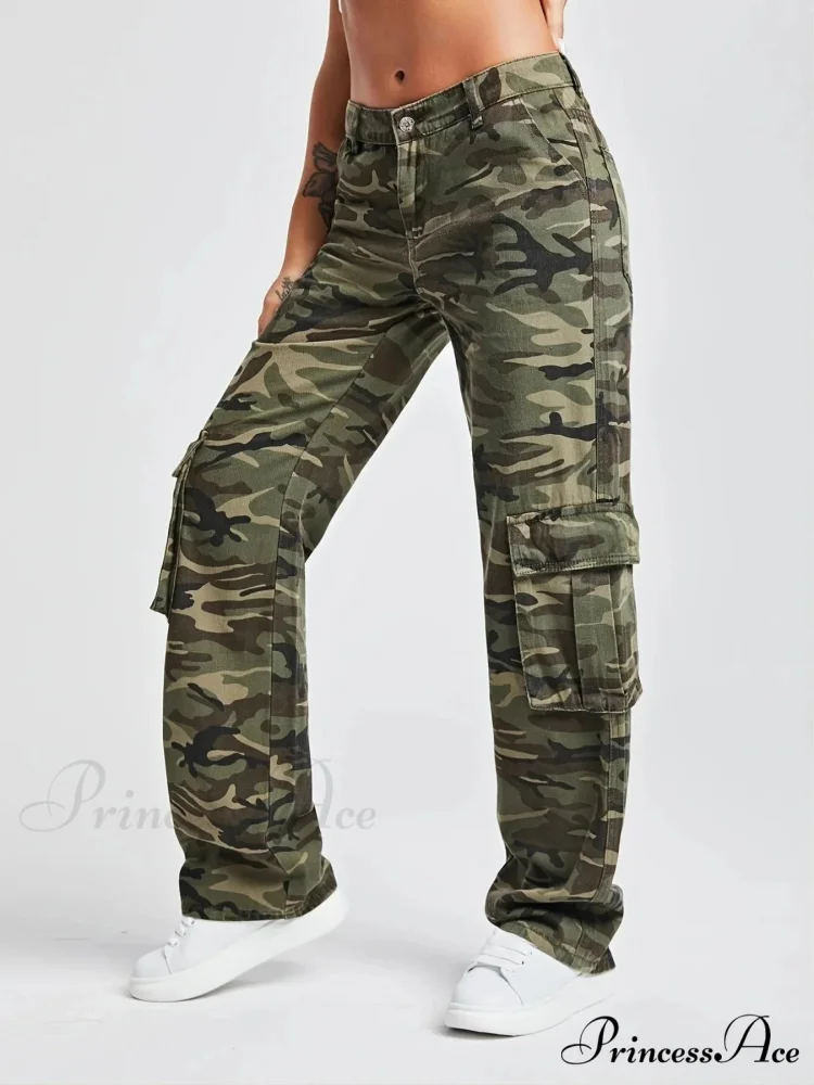 2024 Camouflage Women's Cargo High Wist Vintage Baggy Denim Straight Casual Fashion Jean - Image 5
