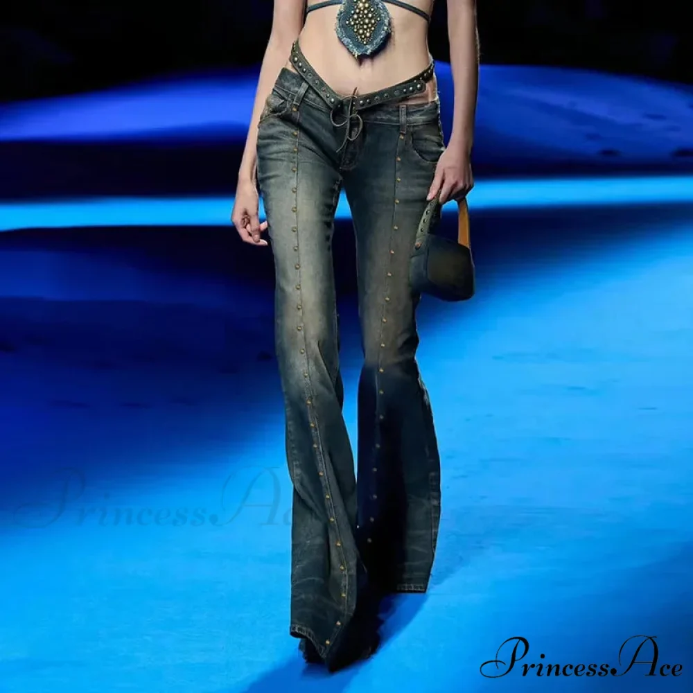 Vintage Woman Low Rise Rivet Stitching Distressed Y2K Flared 90s Streetwear Women Jean - Image 3