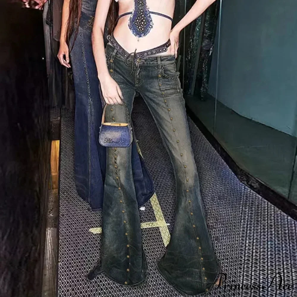 Vintage Woman Low Rise Rivet Stitching Distressed Y2K Flared 90s Streetwear Women Jean - Image 4