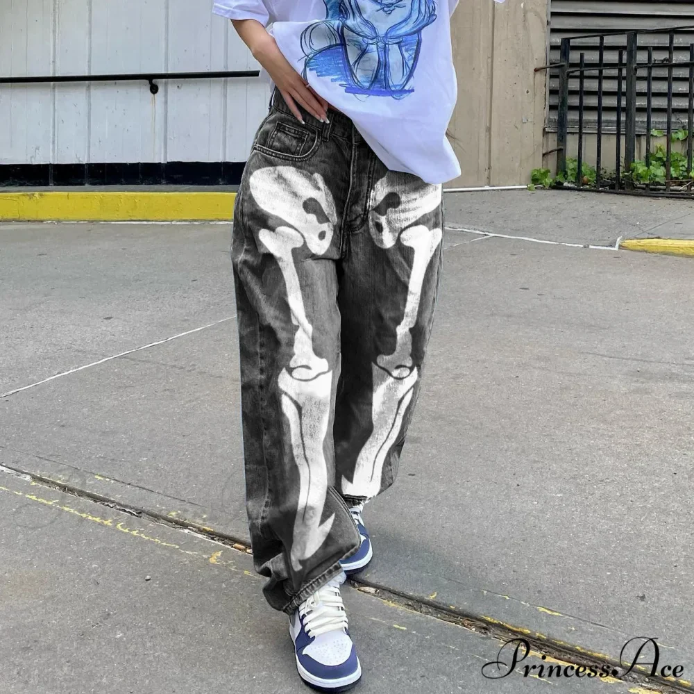 Personality Skull Print High Waist Straight Leg Slouchy American Street Y2K Jean - Image 2