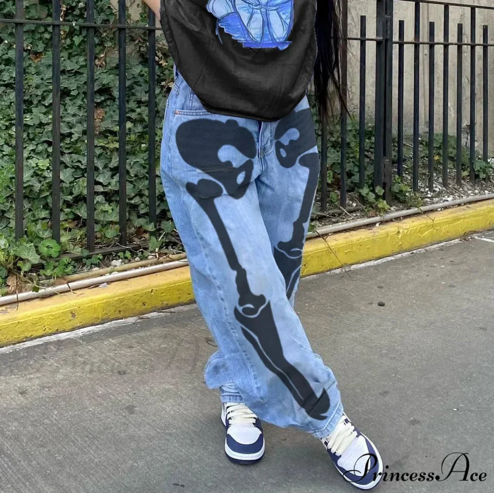Personality Skull Print High Waist Straight Leg Slouchy American Street Y2K Jean - Image 3