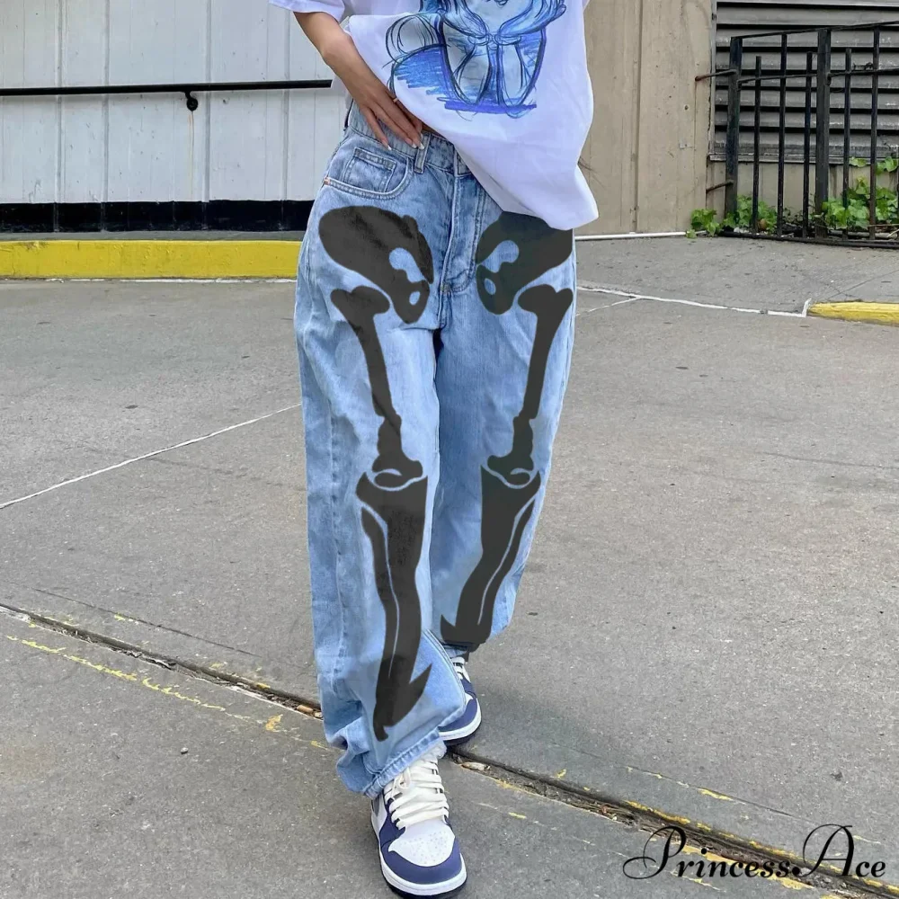 Personality Skull Print High Waist Straight Leg Slouchy American Street Y2K Jean - Image 4