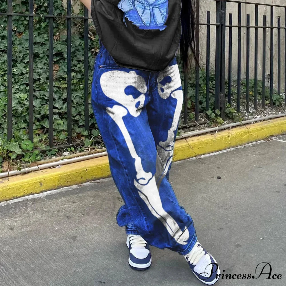 Personality Skull Print High Waist Straight Leg Slouchy American Street Y2K Jean - Image 5