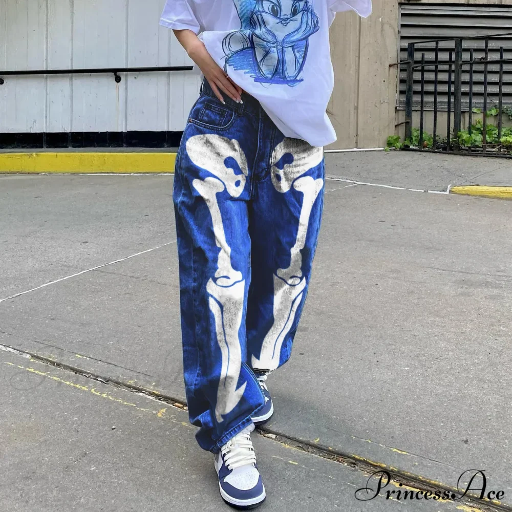 Personality Skull Print High Waist Straight Leg Slouchy American Street Y2K Jean - Image 6