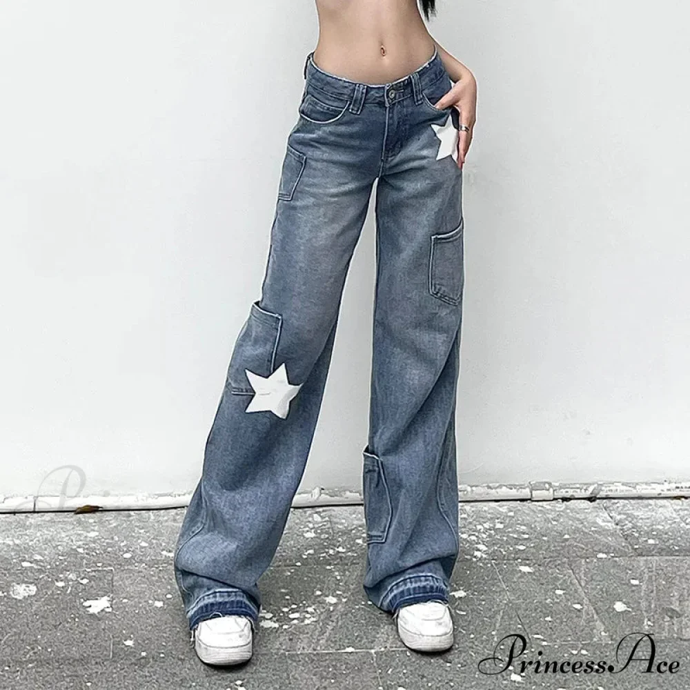 Low Rise Flared Retro Star Print Pockets Distressed Burr Y2K Streetwear Denim Jean - Image 2