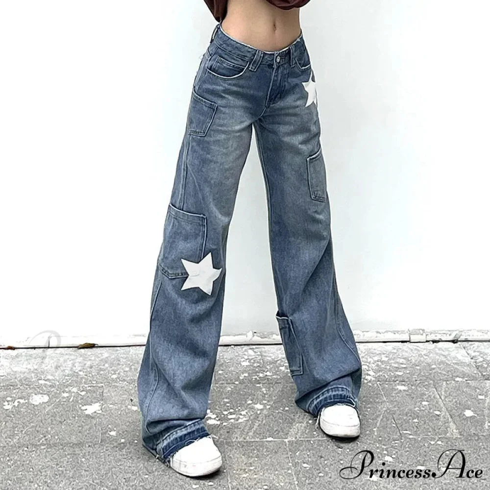 Low Rise Flared Retro Star Print Pockets Distressed Burr Y2K Streetwear Denim Jean - Image 3