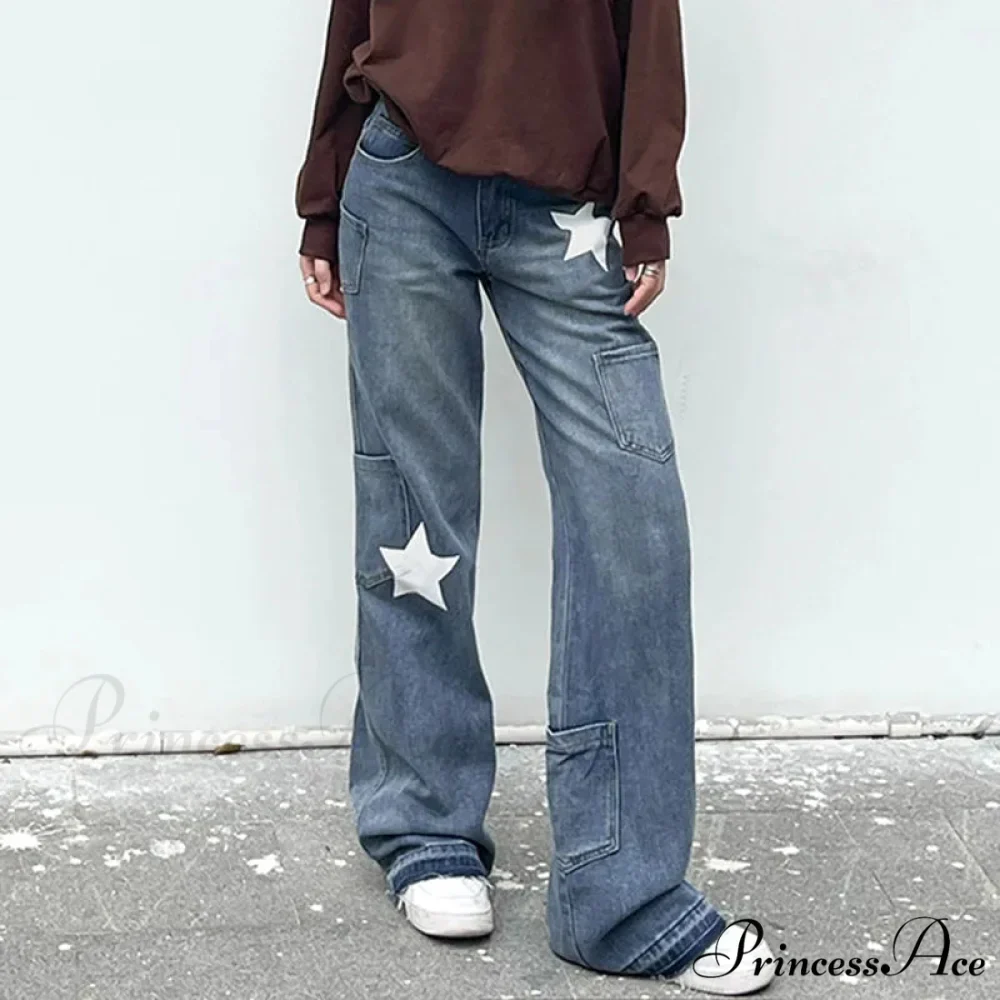 Low Rise Flared Retro Star Print Pockets Distressed Burr Y2K Streetwear Denim Jean - Image 4