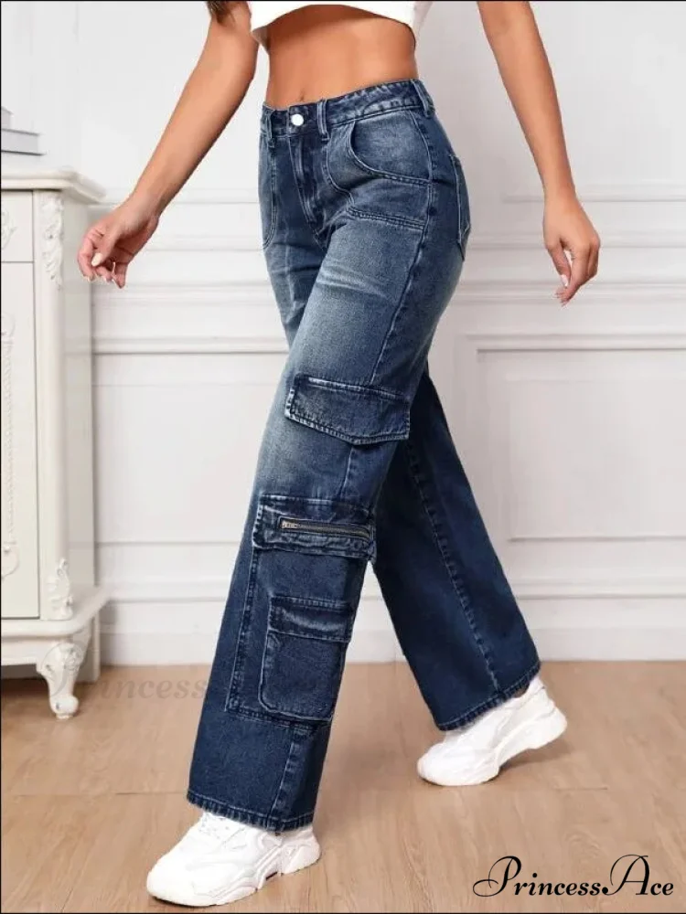 Fashion Multi Pocket Women's High Waist Y2K Loose Cargo Denim Wide Leg Casual Clothing 2024 Fall New S-2XL Jean - Image 2