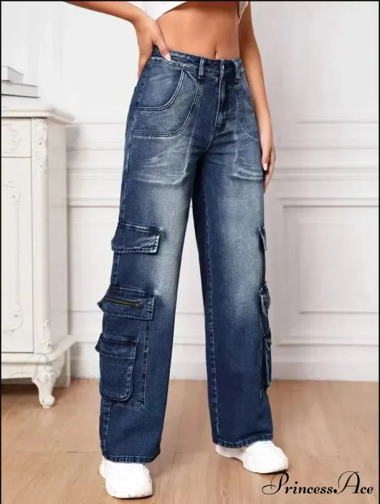 Fashion Multi Pocket Women's High Waist Y2K Loose Cargo Denim Wide Leg Casual Clothing 2024 Fall New S-2XL Jean - Image 3