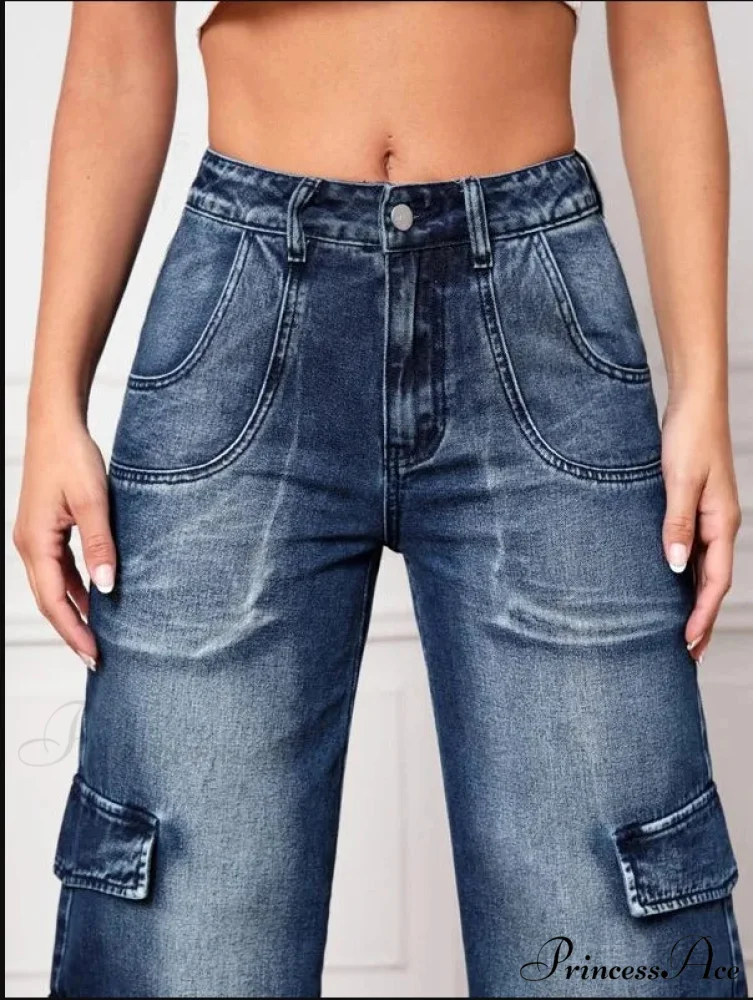 Fashion Multi Pocket Women's High Waist Y2K Loose Cargo Denim Wide Leg Casual Clothing 2024 Fall New S-2XL Jean - Image 5