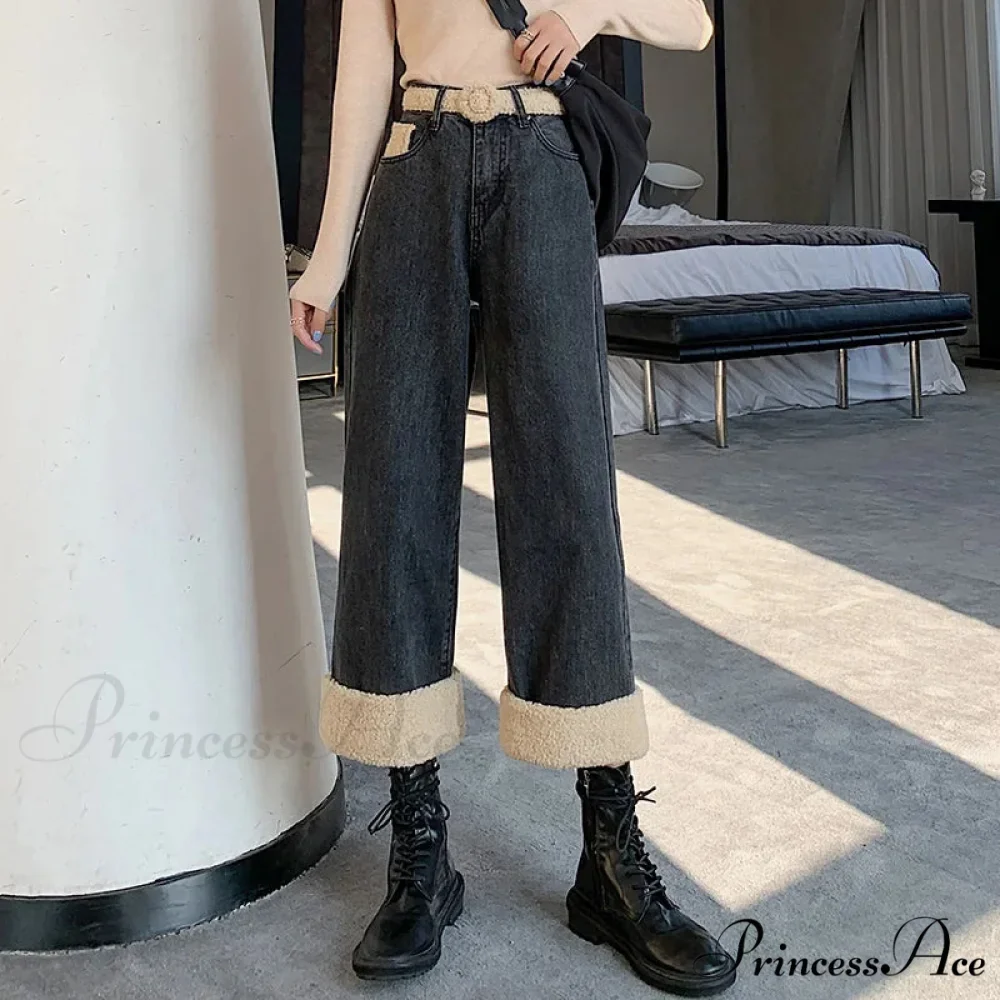 Winter Thick Velvet Fleece Faux Lambs Wool Stitching Fashion High Waist Casual Warm Wide Leg Denim Jean - Image 2