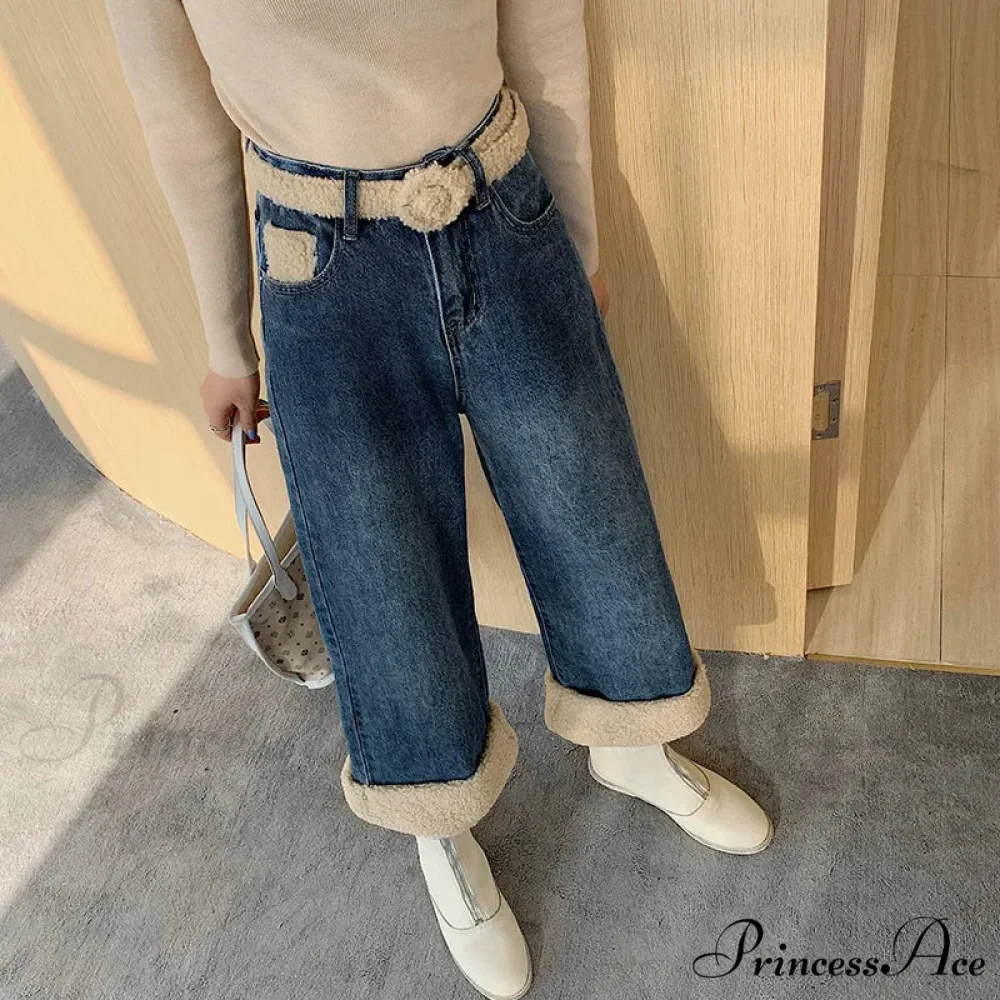 Winter Thick Velvet Fleece Faux Lambs Wool Stitching Fashion High Waist Casual Warm Wide Leg Denim Jean - Image 3