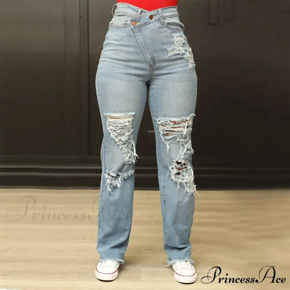 Irregular Waist Straight Leg High Street Loose Ripped Holes Casual Fashion Stretchy Jean - Image 2
