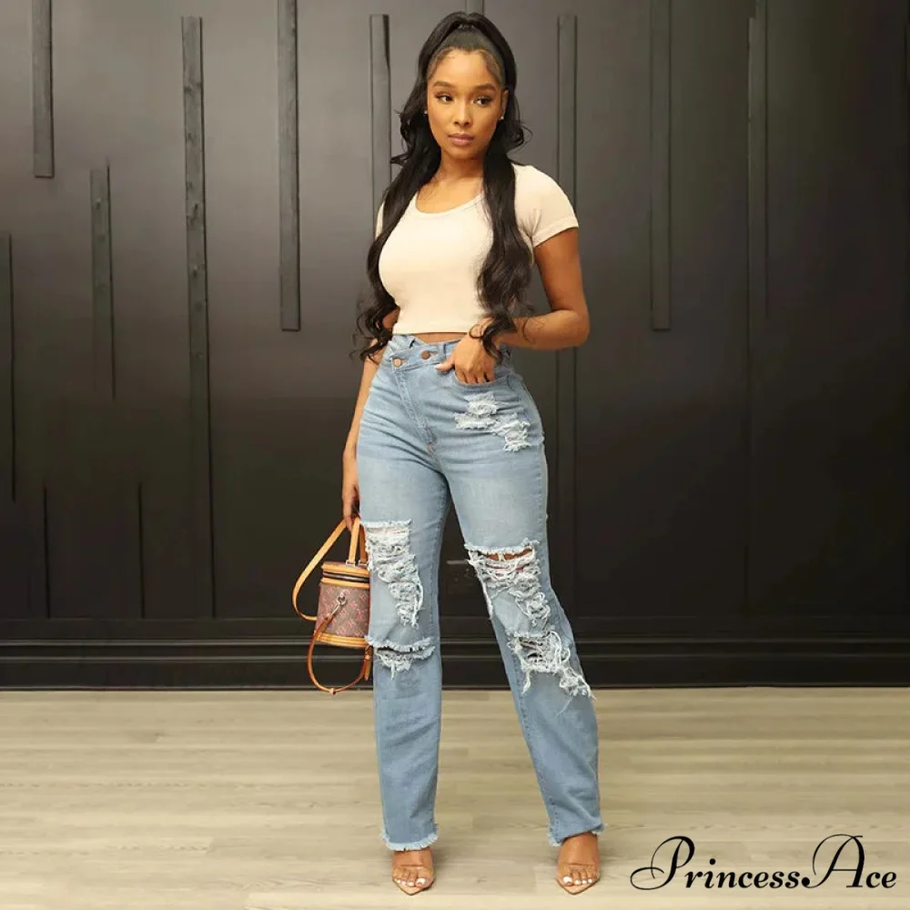 Irregular Waist Straight Leg High Street Loose Ripped Holes Casual Fashion Stretchy Jean - Image 3