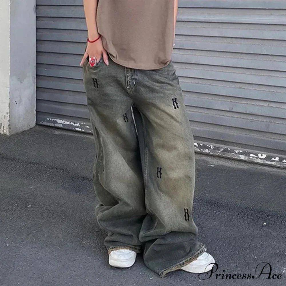 Letter Straight Wide Leg Denim Low Waist Vintage 2024 Oversized Hip Hop Harajuku Cargo Jean - Image 3