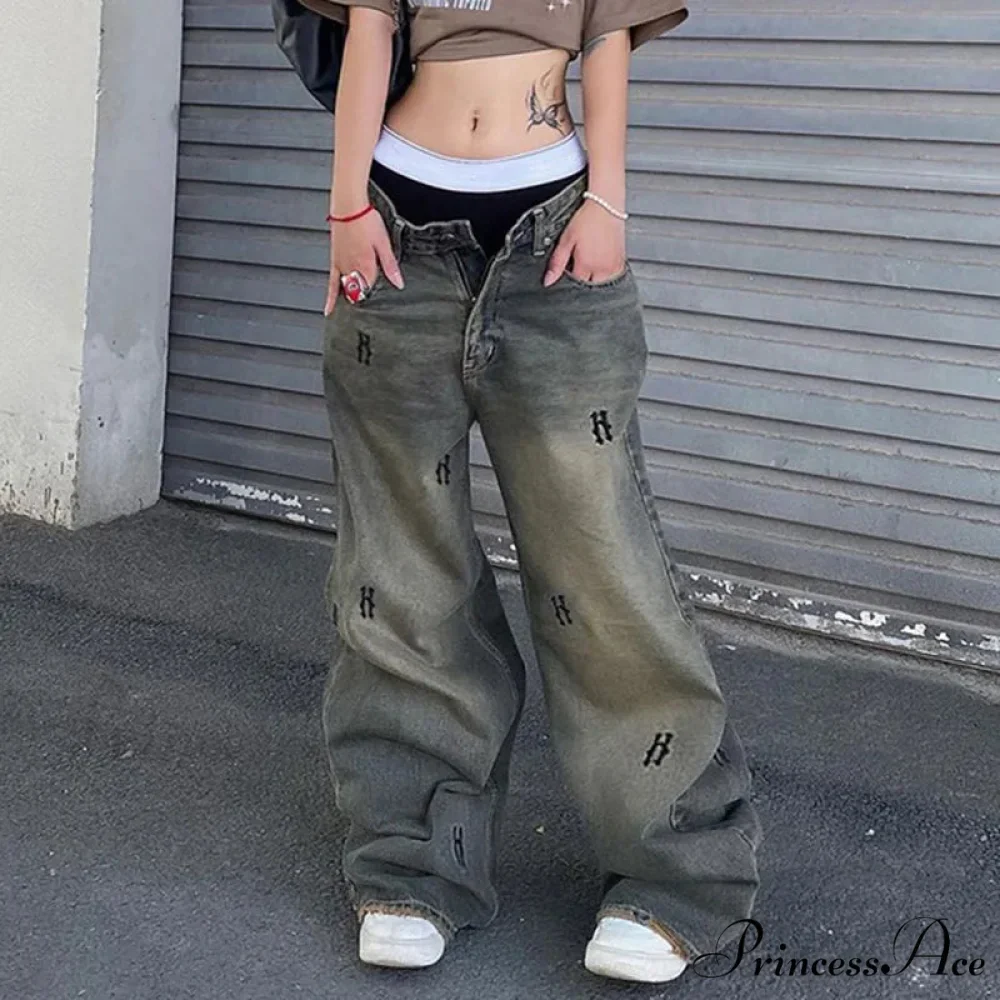 Letter Straight Wide Leg Denim Low Waist Vintage 2024 Oversized Hip Hop Harajuku Cargo Jean - Image 4