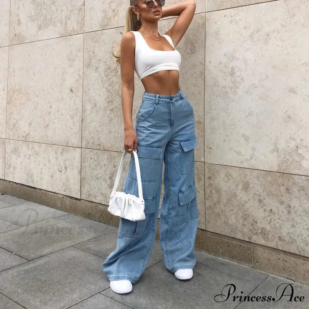 Stylish Loose High Waist Solid Color Casual Wild Wide Leg Multi Pockets Jean - Image 2