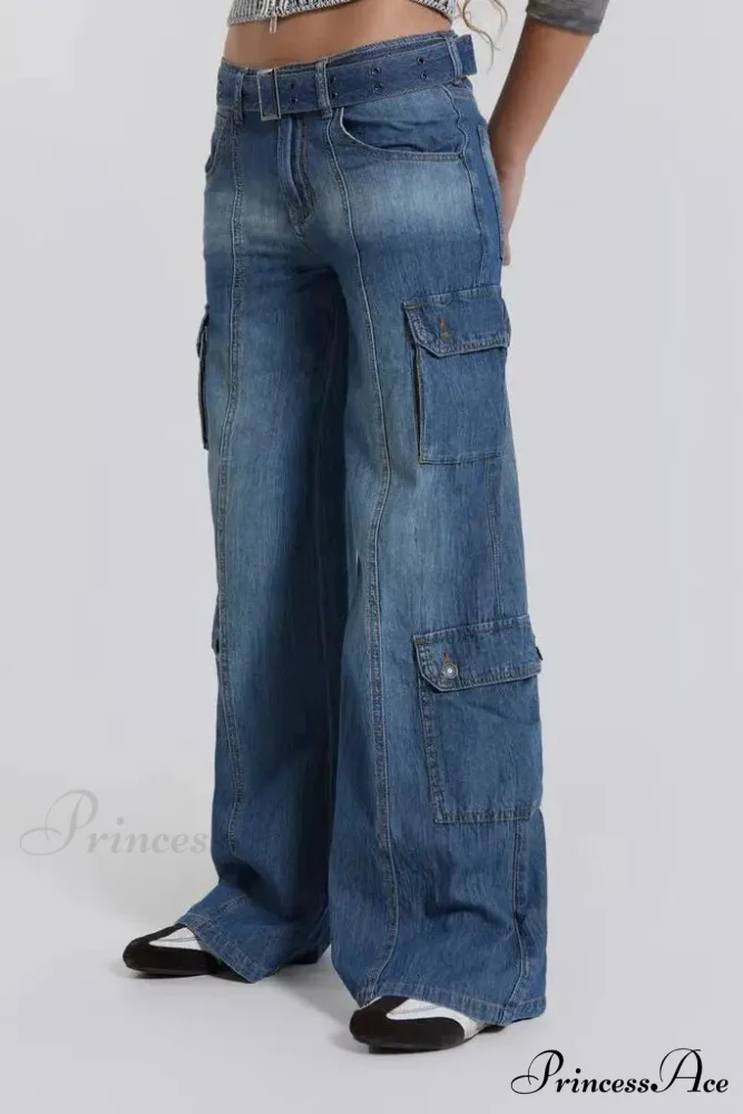 Wide Leg High Waist Patchwork Baggy Cargo Streetwear Y2k Vintage Denim Jean Stylish Loose High Waist Solid Color Casual Wild Wide Leg Multi Pockets Jean 2024 New Skinny Elastic Denim High-Waisted European American Style Pack Hip Pencil Jean - Image 2